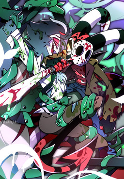 2_horns alternate_costume alternative_fashion anthro arms_above_head bdsm beak blood blood_on_clothing blood_on_hand blood_on_knife bodily_fluids bondage bottomwear bound captured cheek_tuft clothing coat cosplay dripping duo excessive_blood eye_contact eyewear facial_tuft feathers fluffy fluffy_chest fuzzy glasses green_goo grey_body grey_feathers half-closed_eyes head_tuft helpless holding_knife holding_object holding_weapon horn knife knife_play leaf looking_at_another looking_at_partner male male/male mask multi_eye narrowed_eyes nervous nervous_smile nervous_sweat open_mouth open_smile plant red_body red_eyes restrained restrained_arms restrained_by_tentacles restrained_legs restraints scared size_difference slime smile spade_tail spikes spikes_(anatomy) suspended_via_tentacles suspension suspension_bondage sweat tail tentacle_around_arm tentacle_around_leg tentacle_around_waist tentacles tentacles_around_arms tentacles_around_legs tentacles_everywhere thorns topwear torn_bottomwear torn_clothing torn_topwear tuft vine_bondage vine_tentacles vines weapon wearing_glasses yellow_eyes sero_hb friday_the_13th_(series) hellaverse helluva_boss blitzo_(helluva_boss) jason_voorhees stolas_(helluva_boss) avian bird demon imp owl owl_demon hi_res shaded signature