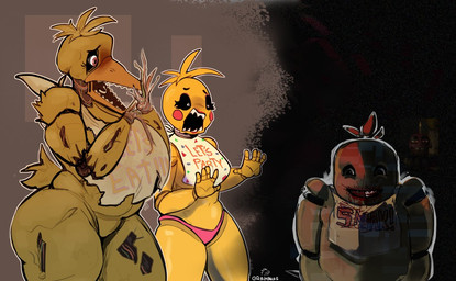 anthro beak black_sclera blood bodily_fluids creepy_face creepy_smile feathers female gaping_mouth group looking_at_another looking_at_viewer machine open_mouth orange_beak pink_cheeks scary sharp_teeth size_difference smile teeth text trio yellow_body yellow_feathers rsmania5 five_nights_at_freddy's five_nights_at_freddy's_2 scottgames chica_(fnaf) cupcake_(fnaf) toy_chica_(fnaf) withered_chica_(fnaf) animatronic avian bird chicken galliform gallus_(genus) phasianid robot 2025 artist_name digital_media_(artwork) english_text