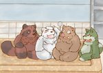 anthro belly blush brown_body brown_fur chibi eyes_closed fur green_body green_fur group kemono male overweight overweight_male sitting snow_utamaru bear canid canine canis domestic_dog mammal polar_bear raccoon_dog suid suina sus_(pig) tanuki ursine wild_boar 2013