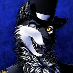 anthro black_body black_fur black_nose black_sclera blue_background clothing fur hat headgear headwear looking_at_viewer one_eye_closed open_mouth simple_background solo teeth top_hat white_body white_fur wink yellow_eyes conditional_dnp ratte thehuskyk9 canid canine canis domestic_dog husky mammal nordic_sled_dog spitz 1:1 2017 digital_media_(artwork)