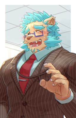 5_fingers anthro clothed clothing eyes_closed eyewear fingers glasses humanoid_hands jewelry male necklace necktie office office_clothing open_mouth red_necktie biri vtuber raigo_tohdoh felid lion mammal pantherine 2021 colored hi_res