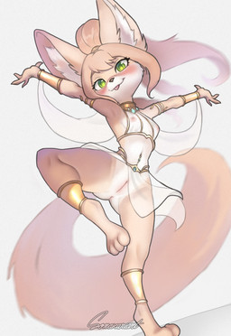anthro areola armlet biped black_nose bottomwear bracelet breasts clothing collar countershade_face countershade_torso countershading dancer_outfit dancing eyebrows female front_view genitals hair harem_outfit jewelry leglet loincloth long_hair looking_at_viewer mostly_nude navel navel_piercing nipples on_one_leg piercing simple_background small_breasts solo standing tan_body tan_hair tongue tongue_out translucent translucent_clothing veil vulva white_background white_body white_countershading sonakariart canid canine fennec_fox fox mammal true_fox 2025 hi_res