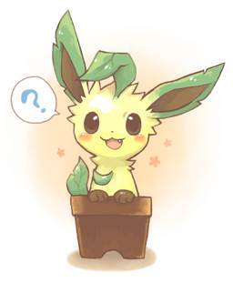 :3 ambiguous_gender blush brown_eyes container cute_fangs daww fangs feral fur head_tuft in_container leaf leaf_ears leaf_tail looking_at_viewer neck_tuft open_:3 open_mouth open_smile paws plant_pot pottery question_mark simple_background sitting smile solo speech_bubble tail teeth tuft white_background yellow_body yellow_fur mochi. nintendo pokemon eeveelution generation_4_pokemon leafeon mammal pokemon_(species)