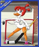 anthro band-aid bandage beak biped blue_eyes breasts clothing erect_nipples female footwear hair hockey_puck hockey_stick net nipples non-mammal_breasts non-mammal_nipples nude outside pigtails red_hair shoes smile solo hentai_boy_(artist) darkwing_duck disney ducktales gosalyn_mallard anatid anseriform avian bird duck 2009