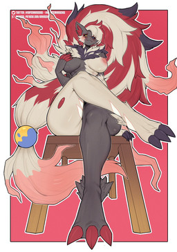 anthro big_breasts big_butt big_hair biped blue_eyes breasts butt chair claws crossed_legs female front_view fur furniture grey_body grey_fur hair heterochromia inner_ear_fluff long_hair looking_at_viewer multicolored_body multicolored_fur nude nude_female on_chair red_claws sitting sitting_on_chair solo thick_thighs tuft two_tone_body two_tone_fur white_body white_fur yellow_eyes orangedog nintendo pokemon generation_5_pokemon generation_8_pokemon hisuian_form hisuian_zoroark hybrid pokemon_(species) regional_form_(pokemon) zoroark hi_res