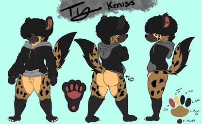 4_toes afro anthro biped birthmark black_body black_clothing black_coded black_fur black_hair black_hoodie black_nose black_topwear blue_background bottomless bottomless_anthro bottomless_male brown_body brown_fur brown_inner_ear_fluff butt chest_tuft claws clothed clothing crotch_tuft directional_arrow feet fur fur_tuft grey_clothing grey_hoodie grey_topwear hair hair_over_eyes hoodie hoodie_only inner_ear_fluff male markings mouth_closed multicolored_body multicolored_fur multicolored_hoodie pawpads paws raised_tail simple_background snaggle_tooth solo spots spotted_body spotted_fur tail tan_body tan_fur text toe_claws toes topwear topwear_only tuft hyenakenisis ty_kenisis hyena mammal character_name hi_res model_sheet