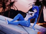 3d_(artwork) 4:3 anthro arwing bikini blender_(software) blue_body blue_fur blue_hair breasts canid canine clothed clothing detailed_background digital_media_(artwork) female fox fur hair hand_on_breast hi_res krystal_(star_fox) looking_at_viewer mammal mountain navel navel_piercing nintendo on_vehicle outside palm_tree piercing plant rosecreates sky smile solo star_fox swimwear tail thick_thighs tree vehicle warfare_krystal warfare_machine white_body white_fur