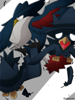 abstract_background ambiguous_gender beak feral group pattern_background simple_background ragujuka nintendo pokemon avian bird generation_2_pokemon generation_4_pokemon honchkrow murkrow pokemon_(species) 3:4
