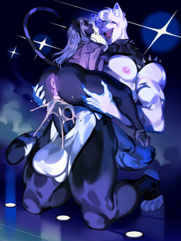 andromorph andromorph/male andromorph_penetrated anthro anus balls big_penis black_body black_fur black_penis blue_eyes bodily_fluids butt clothed clothing drooling duo ejaculation eyes_closed femboy footwear fur genital_fluids genitals hair high_heels intersex intersex/male intersex_penetrated long_hair male male_penetrating male_penetrating_andromorph male_penetrating_intersex muscular muscular_male open_mouth penetration penile penile_penetration penis penis_in_vagina popstar saliva sex shoes spread_butt spreading stage stage_lights striped_body stripes vaginal vaginal_fluids vaginal_penetration vaginal_squirting kiwipug allie_curoneco vali_lucifer domestic_cat felid feline felis mammal pantherine tiger 3:4 hi_res