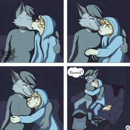 anthro black_clothing black_hair black_shirt black_topwear blonde_hair blue_eyes bottomwear cigarette_box clothed clothing dialogue duo eyes_closed four_frame_image fur furniture gaining_confidence grey_body grey_fur hair heart_symbol hoodie hug kissing logo looking_at_object male male/male on_sofa page_number pants shirt shy sitting sitting_on_sofa smile smiling_at_another smiling_at_each_other snack sofa tail text thought_bubble topwear yellow_body yellow_fur kriek_wildebeest jeremy_(kriek_wildebeest) tom_(kriek_wildebeest) border_collie canid canine canis collie domestic_dog herding_dog husky hybrid mammal nordic_sled_dog pastoral_dog sheepdog spitz wolf 1:1 artist_logo comic english_text hi_res multiple_scenes