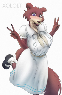 anthro blush cheek_tuft clothed clothed_female clothing dress facial_tuft female fur gesture hand_gesture long_snout nervous nervous_smile school_uniform simple_background smile smiling_at_viewer snout solo standing tail tuft uniform v_sign white_background white_clothing white_dress xolotl_59 beastars juno_(beastars) canid canine canis mammal wolf digital_drawing_(artwork) digital_media_(artwork) hi_res