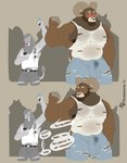 anthro armpit_hair balls_outline barazoku big_bulge big_muscles big_pecs blush bodily_fluids body_hair bovid_horn bulge caprine_horn clothing detailed_bulge dialogue duo embarrassed explicitly_stated_consent eyewear genital_fluids genital_outline glasses horn huge_muscles impregnation_request in_heat lactating male male/male male_lactation muscular muscular_male neck_muscles pecs penis_outline precum precum_through_clothing public public_transportation raised_arm ram_horn shirt silhouette size_difference sweat tank_top testosterone text topwear torn_clothing torn_tank_top trapezius undersized_clothing vein veiny_muscles wet wet_clothing melancholiclion mayternity yukoso_(melancholiclion) bovid caprine felid lion mammal pantherine sheep 2025 comic english_text hi_res