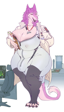 anthro big_breasts black_sclera bodysuit breasts bulge chair cleavage clipboard clothed clothing coat desk fur furniture gynomorph hand_in_pocket harness holding_clipboard holding_object huge_breasts intersex lab_coat lanyard looking_at_viewer multicolored_body multicolored_fur nipple_outline object_between_breasts open_mouth open_smile pen pen_between_breasts pink_body pink_fur pockets skinsuit smile solo table thick_thighs tight_clothing topwear two_tone_body two_tone_fur unzipped unzipped_bodysuit vial white_body white_fur wide_hips yellow_eyes zipper taihab kristoph_wulphenstein sergal hi_res