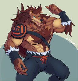 abs anthro biceps blue_eyes bottomwear clothing flexing flexing_bicep fur male muscular muscular_anthro muscular_male obliques pants pecs pose solo tail teeth kuno2848 re:zero ricardo_welkin canid canine canis mammal wolf hi_res