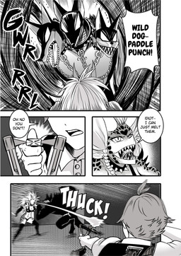 3_heads anthro bikini bikini_top breasts cleavage clothed clothing collar dialogue evolved_raptora fancomic female fight group horn imminent_death long_ears mad_underdog_cerberus male monster_girl_(genre) multi_head navel ranged_weapon sharp_teeth slingshot swimwear tail teeth text thong trio two-piece_swimsuit underwear weapon saizuart european_mythology greek_mythology mythology one-punch_man one_(manga) raptora animal_humanoid canid canid_demon canine canis cerberus demon dobermann domestic_dog hellhound human humanoid lizard_humanoid mammal monster mythological_canine mythological_creature pinscher reptile reptile_humanoid robot_anthro scalie scalie_humanoid comic english_text hi_res