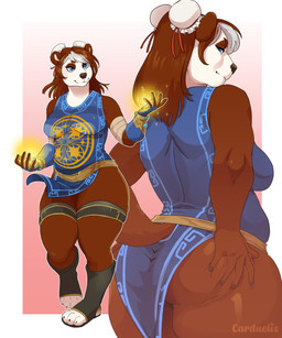 anthro arm_wraps big_butt breasts butt butt_grab casting_spell clothed clothing curvy_figure female footwear gloves hair hair_bun hand_on_butt handwear highlights_(coloring) looking_at_viewer looking_back looking_back_at_viewer magic magic_user presenting presenting_hindquarters simple_background smile solo tabard thick_thighs thigh_belt twin_buns voluptuous wide_hips wraps carduelis blizzard_entertainment warcraft pacchi bear mammal pandaren red_pandaren hi_res