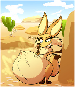 ambiguous_gender ambiguous_prey anthro anthro_pred belly big_belly blonde_mane cactus cloud desert_background duo eyelashes face_imprint female female_pred fur green_eyes imprint interrobang leg_markings long_ears male mane markings oral_vore outside plant sand scales socks_(marking) teeth_showing tuft vore yellow_body yellow_fur yellow_scales els3d oscar's_oasis oscar_(oscar's_oasis) popy avian bird canid canine chicken fennec_fox fox galliform gecko lizard mammal phasianid reptile scalie true_fox absurd_res hi_res