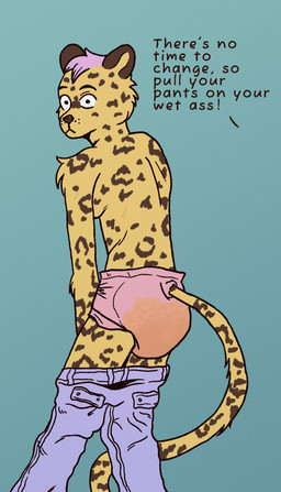 anthro bodily_fluids bottomwear bottomwear_down clothed clothing diaper diaper_only female fur genital_fluids markings no_bra pants pants_down partially_clothed peed solo spots spotted_body spotted_fur text topless unclean_diaper urine used_diaper wearing_diaper wet_diaper yellow_body yellow_fur pumpkin1999 cheetah felid feline mammal absurd_res english_text hi_res
