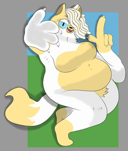 abstract_background action_pose alternate_hairstyle anthro belly big_breasts blonde_hair blue_eyes breasts dipstick_tail dreadlocks facial_markings fangs featureless_crotch featureless_feet feet female foot_markings gloves_(marking) hair head_markings leg_markings markings open_mouth overweight overweight_anthro overweight_female pose solo stretchy tail tail_markings teeth thick_thighs tongue white_body white_hair yellow_belly yellow_markings cowprintsoda adventure_time cartoon_network fionna_and_cake fionna_and_cake_(franchise) cake_the_cat domestic_cat felid feline felis mammal alternate_version_at_source hi_res