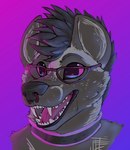 black_hair collar ears_up eyewear facial_piercing glasses hair happy male nose_piercing nose_ring open_mouth piercing pink_eyes ring_piercing smile solo teeth teeth_showing tongue armus_(artist) super_bass_(skarrfox) african_wild_dog canid canine mammal absurd_res hi_res