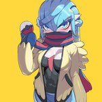 blue_bottomwear blue_clothing blue_eyelashes blue_eyes blue_hair blue_scarf bottomwear breasts cleavage clothed clothing cosplay eyelashes female gym_leader hair medium_breasts monotone_background multicolored_scarf not_furry red_scarf scarf simple_background solo topwear white_scarf yellow_background yellow_clothing yellow_topwear drunk_oak nintendo pokemon grusha_(pokemon) gardevoir generation_3_pokemon humanoid pokemon_(species) 2022