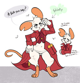anthro bottomless clothed clothing dialogue female solo text weapon kaboozey mina_the_hollower yacht_club_games mina_(mina_the_hollower) arthropod fly_(animal) insect mammal mouse murid murine rodent english_text
