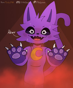 :3 anthro big_ears blush blush_lines bodily_fluids charm_(jewelry) cheek_tuft claws facial_tuft finger_claws fluffy fog fur gas jewelry long_tail male necklace pawpads paws pupils purple_body purple_fur red_smoke smile smoke smoke_from_mouth solo stitched_body sweat sweatdrop tail teeth text tongue tuft white_pupils tinky mob_entertainment poppy_playtime smiling_critters catnap_(poppy_playtime) domestic_cat felid feline felis mammal absurd_res hi_res url