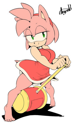 accessory anthro barefoot barely_visible_diaper breasts clothed clothing diaper diaper_under_clothing diaper_under_dress dress eyelashes feet female fur green_eyes hair hair_accessory hairband half-closed_eyes narrowed_eyes piko_piko_hammer pink_body pink_fur pink_hair red_clothing red_dress red_hairband shadow simple_background solo wearing_diaper white_background sophiepoof sega sonic_the_hedgehog_(series) amy_rose eulipotyphlan hedgehog mammal signature