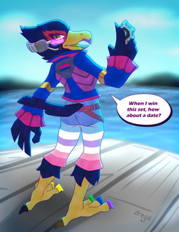 ambiguous_gender anthro belt bigender_pride_colors clothing colored_nails electronics headgear headphones headset headset_microphone jacket lgbt_pride lipstick_on_beak makeup mascara nails pride_colors scouter shield solo text topwear dregadude nintendo star_fox falco_lombardi accipitrid accipitriform avian bird eagle english_text hi_res bigender_(lore)