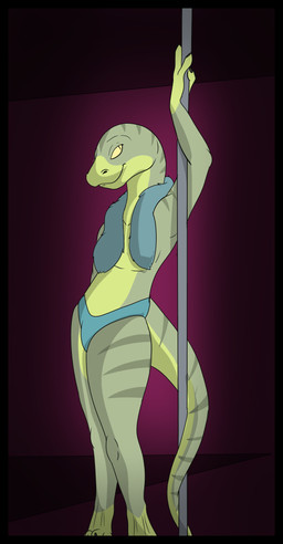 anthro black_border border female green_body green_scales pole purple_background scales seductive simple_background solo stripper_pole squiggz_(artist) gecko lizard reptile scalie hi_res