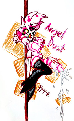 4_arms big_penis bodily_fluids chest_tuft choker clothing cum cumshot dancing ejaculation fluffy fluffy_chest footwear genital_fluids genitals gold_(metal) gold_tooth heart_symbol high_heels jewelry legwear male multi_arm multi_limb necklace nude penis pink_body pole pole_dancing self_grope shoes solo spots stripes stripper_pole thigh_highs tuft pervnamedregazz hazbin_hotel hellaverse angel_dust arachnid arthropod demon humanoid spider absurd_res hi_res traditional_media_(artwork)