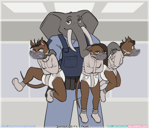 anthro asylum booties clothing diaper female group hospital male male/female medical muzzle_(object) restraints straitjacket uniform the_padded_room canid canine elephant elephantid mammal proboscidean absurd_res hi_res