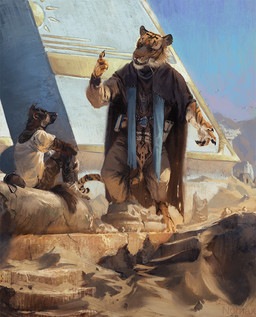 anthro blue_eyes cape clothed clothing desert detailed_background digitigrade duo egyptian fangs fur male pyramid sand scroll sitting striped_body striped_fur stripes teeth whiskers nomax canid canine canis domestic_dog felid mammal pantherine tiger hi_res