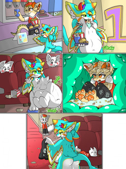 4_ears abdominal_bulge after_vore almost_fully_inside anthro belly big_belly biped blue_body blue_feathers blush bodily_fluids body_outline bone butt churn cross-popping_vein duo ear_piercing fatal_vore feathers feet_first food front_view fur glorp group gulp_(sound_effect) horn hot_dog huge_belly inside internal male movie_theater multi_ear navel open_mouth oral_vore pawpads piercing popcorn rear_view saliva saliva_string sitting skull soft_vore solo solo_focus standing swallowing tail tan_body tan_fur tongue tongue_out trio vore white_body white_fur winged_arms wings finniponx background_character finniponx_(character) avali canid canine mammal species_request 2026 comic hi_res multiple_scenes