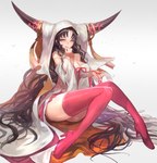 2017 2_horns big_breasts biped black_hair black_horn boots breasts clothed clothing demon demon_humanoid dress fate_(series) female finger_to_mouth footwear hair hi_res high_heeled_boots high_heels horn humanoid kiara_sessyoin lalalalack legwear long_hair looking_at_viewer open_mouth pink_clothing pink_legwear pink_thigh_boots pink_thigh_highs pupils simple_background sitting skimpy slit_pupils smile solo thick_thighs thigh_boots thigh_highs type-moon white_background white_clothing white_dress yellow_pupils