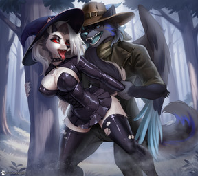 anthro clothing duo female forced hat headgear headwear latex male male/female witch_hat caddea hellaverse helluva_boss fan_character loona_(helluva_boss) hi_res