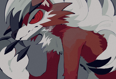 ambiguous_gender anthro biped claws fur grey_background mouth_closed nude red_body red_fur red_sclera simple_background solo three-quarter_view white_body white_fur usag11100 nintendo pokemon generation_7_pokemon lycanroc midnight_lycanroc pokemon_(species) digital_drawing_(artwork) digital_media_(artwork) hi_res shaded signature