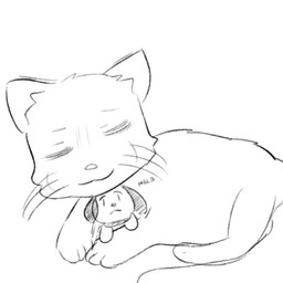 ambiguous_gender duo eyes_closed feral frown fur happy simple_background smile toony white_background lambchop canid canine canis domestic_cat domestic_dog felid feline felis mammal 1:1 2016 digital_media_(artwork) low_res monochrome sketch source_request