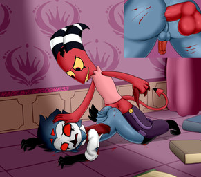 anal anal_penetration anthro blood blood_on_face bodily_fluids claw_marks clothing crying duo forced male male/male on_ground penetration pushing_down rape sex smile tears torn_clothing young young_anthro young_on_young inprogress hellaverse helluva_boss blitzo_(helluva_boss) stolas_(helluva_boss) demon imp hi_res