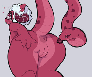1_eye anthro anus breasts butt female forked_tongue genitals grey_background hair horn living_tail presenting presenting_vulva red_body simple_background snake_tail solo spiral spiral_eyes tail tongue tongue_out unusual_anatomy unusual_tail vulva white_hair eerieviolet cera_(eerieviolet) reptile scalie snake