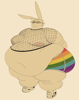 anthro areola belly big_belly bottomwear clothing eyewear fat_legs fishnet_clothing fishnet_topwear footwear fur glasses hair lgbt_pride long_ears male moobs morbidly_obese morbidly_obese_anthro morbidly_obese_male multicolored_bottomwear multicolored_clothing navel nipples obese obese_anthro obese_male overweight overweight_anthro overweight_male pride_colors rainbow_bottomwear rainbow_clothing rainbow_flag rainbow_pride_flag rainbow_symbol shoes simple_background sneakers solo standing topwear white_body white_fur white_hair calebcorduroy desmond_(calebcorduroy) lagomorph leporid mammal rabbit hi_res