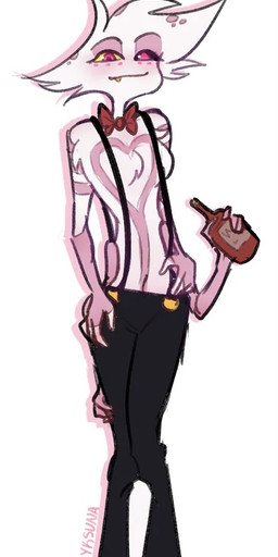 4_arms alcohol anthro bartender beverage blush bottomwear bow_ribbon clothed clothing cosplay fluffy fluffy_body fluffy_chest male male_anthro multi_arm multi_limb navel overalls overalls_only pants pants_only shirtless shirtless_anthro shirtless_male solo topless yksuna hazbin_hotel hellaverse angel_dust husk_(hazbin_hotel) arachnid arthropod demon humanoid spider