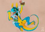 2015 3_toes 4_fingers alcohol anthro balls beverage bottomless circumcised clothed clothing dactyl_(damaratus) digital_media_(artwork) drunk feet fingers front_view genitals half-erect hi_res horn humanoid_genitalia humanoid_penis kobold korichi looking_away male multicolored_body open_clothing open_mouth open_shirt open_topwear penis pina_colada raised_arm reclining scalie sharp_teeth shirt signature simple_background solo spots substance_intoxication teeth toes tongue tongue_out topwear yellow_balls yellow_penis