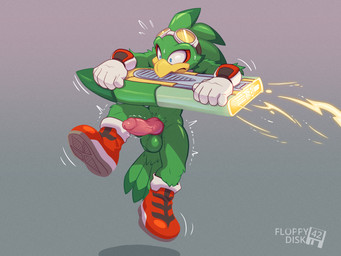 animal_genitalia anthro balls beak boots clothing erection extreme_gear eyewear eyewear_on_head feathers footwear genitals gloves goggles goggles_on_head green_body green_feathers handwear knot knotted_penis male mostly_nude penis shoes simple_background solo fluffydisk42 sega sonic_racing:_crossworlds sonic_riders sonic_the_hedgehog_(series) jet_the_hawk accipitrid accipitriform avian bird 4:3 digital_media_(artwork) hi_res