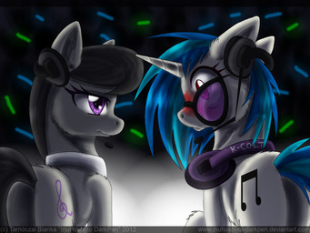 blush collar cutie_mark dark duo electronics eyewear female feral glasses glowstick headgear headphones headset horn microphone purple_eyes red_eyes sunglasses tail inuhoshi-to-darkpen friendship_is_magic hasbro my_little_pony mythology octavia_(mlp) vinyl_scratch_(mlp) earth_pony equid equine horse mammal mythological_creature mythological_equine pony unicorn 4:3