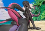 2023 anthro anus areola black_body black_scales blush breasts butt countershade_scales countershading female generation_7_pokemon genitals glistening hi_res looking_at_viewer markings medium_breasts multicolored_body multicolored_scales nintendo nipples non-mammal_breasts non-mammal_nipples nude pink_body pink_countershading pokemon pokemon_(species) pupils purple_areola purple_body purple_nipples purple_scales pussy rear_view reptile salazzle scales scalie shermugi slit_pupils solo tail