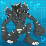 anthro blue_background briefs bulge claws clothing ear_piercing ear_ring fur green_briefs green_clothing green_underwear grey_body grey_fur male piercing print_briefs print_clothing print_underwear ring_piercing simple_background skull_and_crossbones solo teeth_showing tiled_background underwear yellow_eyes thegreatmatsutzu bandai_namco digimon digimon_(species) shadowweregarurumon