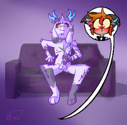 anthro big_penis blush blushing_profusely female furniture genitals male male/female nervous penis sitting smug_face sofa nintendo pokemon bovid caprine goat mammal cloudy_(disambiguation) absurd_res hi_res