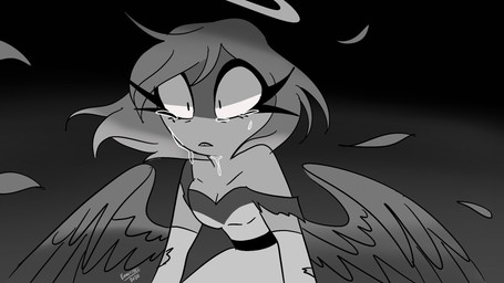 armwear back_wings bodily_fluids clothing dress elbow_gloves eyelashes feathered_wings feathers gloves gradient_background halo handwear long_eyelashes loose_feather simple_background tears torn_clothing wide_eyed wings emositecc hellaverse helluva_boss millie_(helluva_boss) angel angel_humanoid humanoid 16:9 hi_res monochrome widescreen