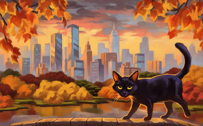 autumn black_body black_fur city city_background cloud cloudy_sky feral forest fur leaf looking_at_viewer orange_leaves park plant pond quadruped sky solo stone_bridge tree walking whiskers yellow_eyes alexpahomov domestic_cat felid feline felis mammal 2023 digital_media_(artwork) digital_painting_(artwork) painting_(artwork)